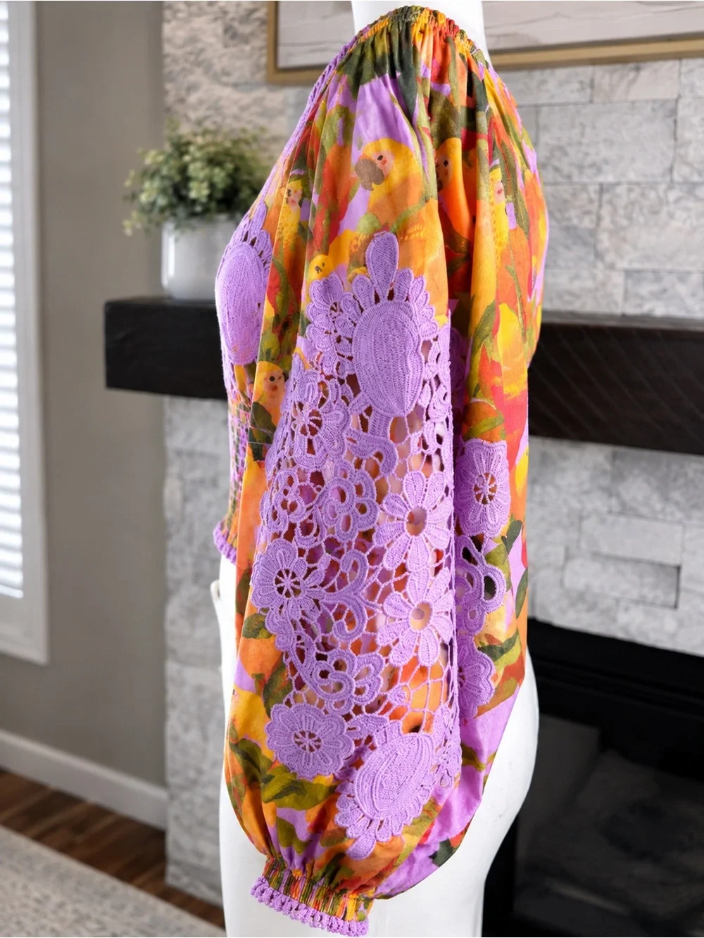 Lavender & Orange Floral Lace Square-Neck Puff Sleeve Top